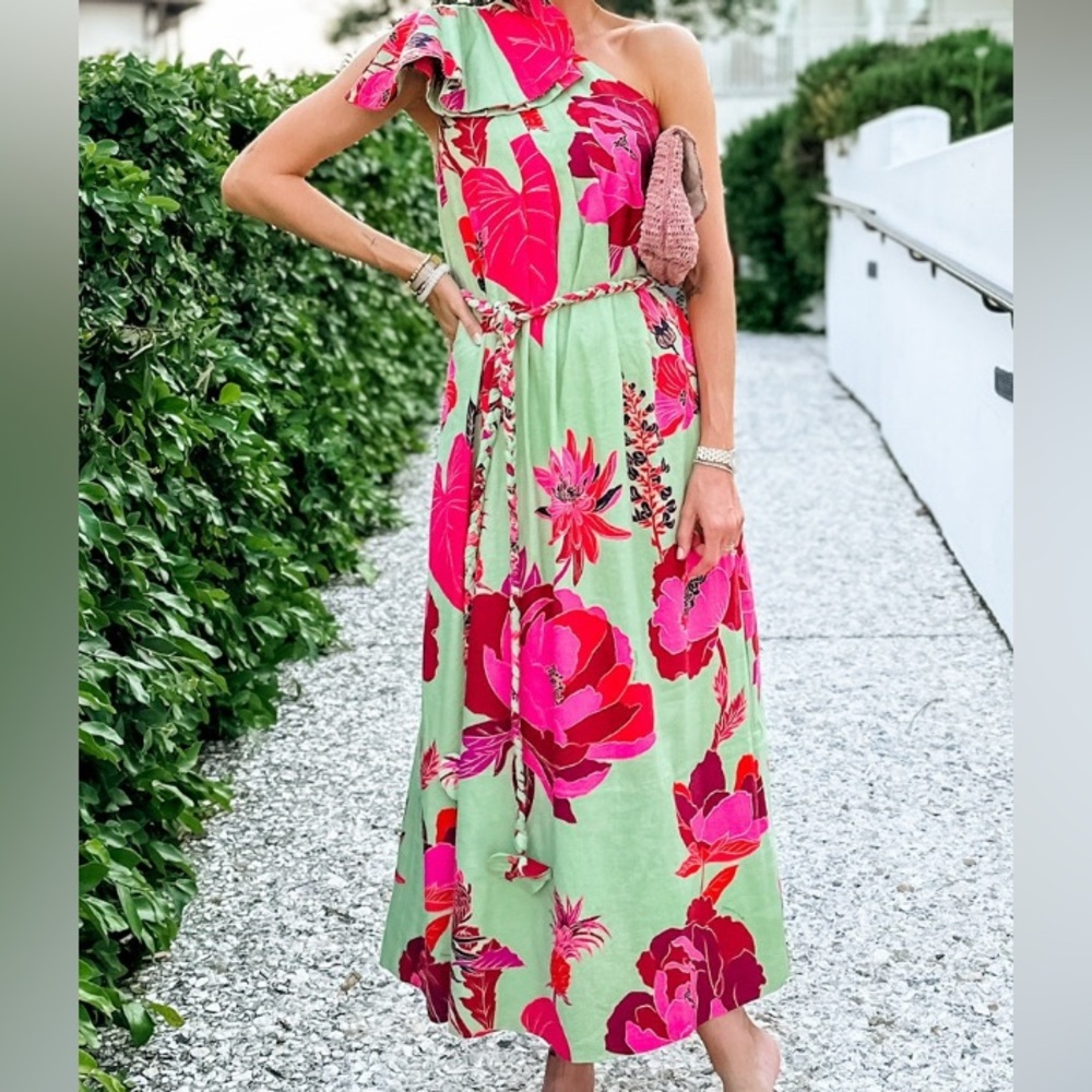 FARM Rio Pink One Shoulder Sundress - Fresh Green Garden